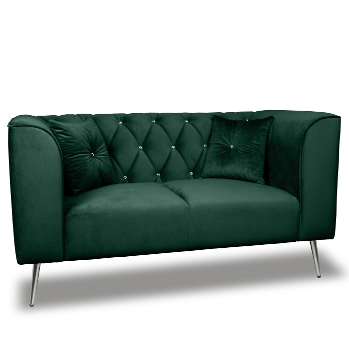 Sofa skandynawska dwuosobowa na wysokich metalowych nogach, sofa pikowana w guziki kryształowe - Kare 2-osobowa
